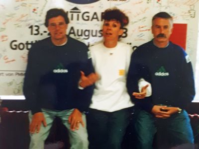Internationales Jugendlager im Rahmen der Leichtathletik-WM 1993 - die Macher Klaus Offenhäuser, Gisela Grässle-Derer, Günter Mayer (Foto: privat)