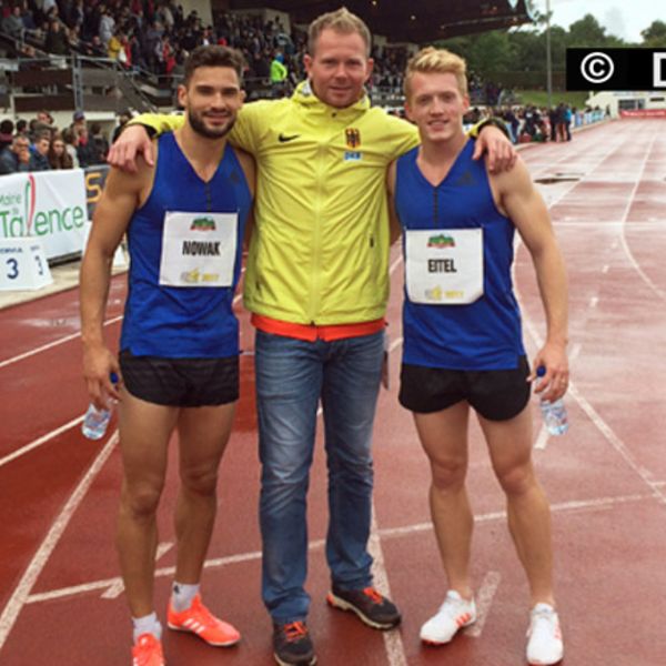 Tim Nowak und Manuel Eitel mit Trainer Sebastian Hallmann